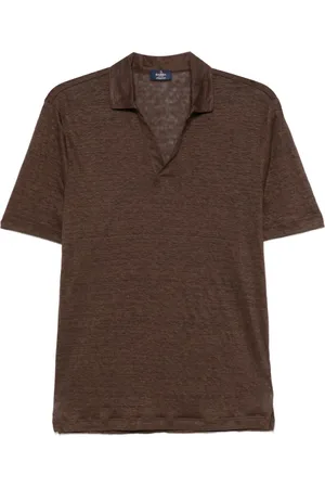 BARBA Koszulki, Mężczyzna, brązowy, L, Brązowy lniany T-shirt z dekoltem w serek