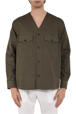 Mauro Grifoni Kurtki, Mężczyzna, Zielony, L, Bawełniany overshirt z dekoltem V