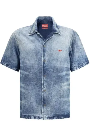 Diesel Koszule, Mężczyzna, Niebieski, S, Denim, Zniszczona Koszula z Denimu i Kubanskim Kołnierzem