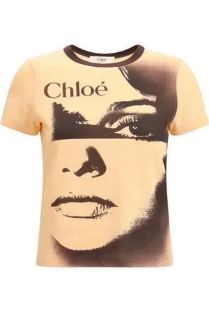 Chloé Koszulki, Kobieta, brązowy, L, Maxi Face Ribbed Crew Neck T-shirt