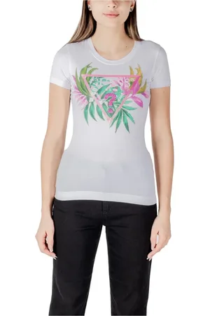 Guess Koszulki, Kobieta, Biały, XS, Kwiatowy T-shirt z Krótkim Rękawem i Okrągłym Dekoltem