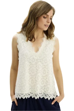 In Front Koszulki, Kobieta, Beżowy, 2XL, Elegancki Koronkowy Top z Dekoltem V Kremowy