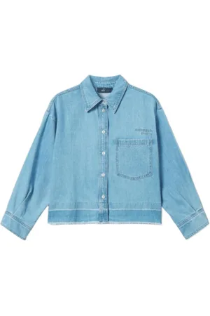 Twin-Set Bluzki, Kobieta, Niebieski, M, Denim, Jasna Koszula z Haftem Logo
