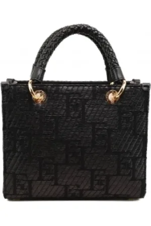 Elisabetta Franchi Torebki, Kobieta, Czarny, ONE SIZE, Mała torba shopper z rafii z logo jacquard