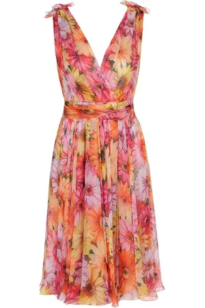 Dolce & Gabbana Sukienki, Kobieta, Wielobarwność, S, Sukienka z jedwabiu z kwiecistym nadrukiem i kokardą