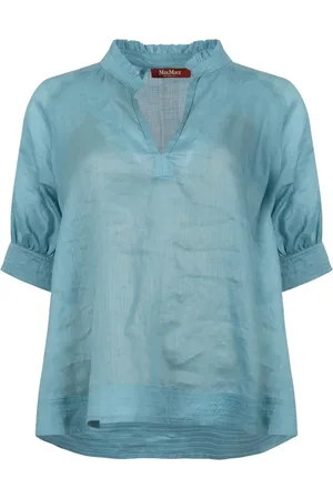 Max Mara Bluzki, Kobieta, Niebieski, S, Jedwabna Georgette Bluzka z Dekoltem w Serek
