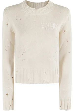 Maison Margiela Swetry, Kobieta, Biały, L, Bawełna, Ecru Chain Knit Crewneck Sweater