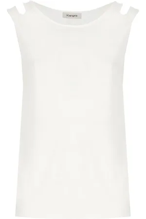 KANGRA CASHMERE Koszulki, Kobieta, Biały, XS, Kaszmir, Kaszmirowy lniany bezrękawnik z okrągłym dekoltem