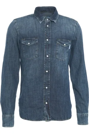 Mauro Grifoni Koszule, Mężczyzna, Niebieski, XL, Denim, Niebieska Koszula z Denimu z Kołnierzykiem Kent