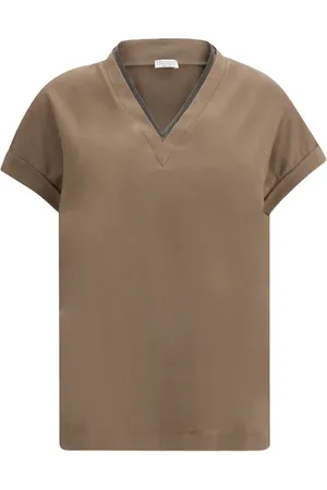 Brunello Cucinelli Koszulki, Kobieta, brązowy, S, Elegant Jewel Embellished V-Neck T-Shirt