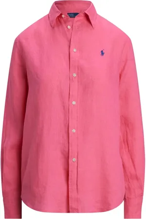Ralph Lauren Bluzki, Kobieta, Różowy, L, Fioletowa lniana koszula z haftem konia