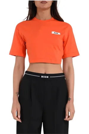 Msgm Koszulki, Kobieta, Pomarańczowy, S, Koszulka z bawełny z logo