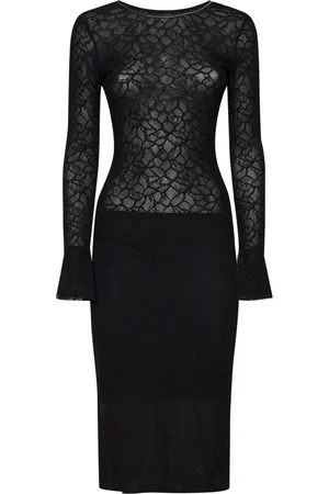 Pinko Sukienki, Kobieta, Czarny, S, Nylon, Czarna Koronkowa Sukienka Midi z Niskim Tyłem