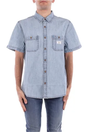 Guess Koszule, Mężczyzna, Niebieski, M, Denim, Denim Logo Front Button Koszula