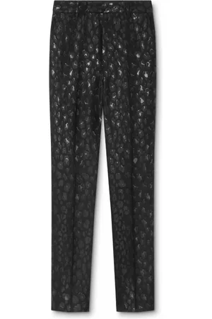 VERSACE Spodnie, Mężczyzna, Czarny, L, Wełna, Czarne Spodnie z Wzorem Leoparda