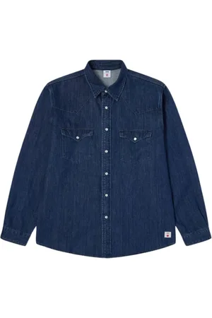 Edwin Koszule, Mężczyzna, Niebieski, XL, Denim, Denimowa Koszula Western z Guzikami