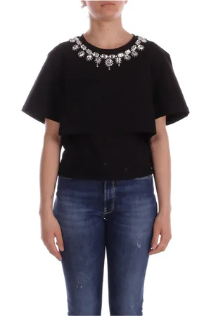 Blugirl Koszulki, Kobieta, Czarny, S, Bawełna, Czarne T-shirty i Pola z aplikacjami z kryształkami