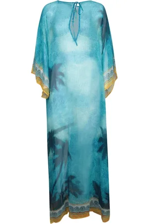 Casablanca Sukienki, Kobieta, Niebieski, S, Boho Palmowy Kaftan Sukienka