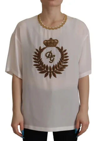 Dolce & Gabbana Koszulki, Kobieta, Biały, XS, Elegancka Jedwabna Bluzka z Zota Koronkowym Haftem