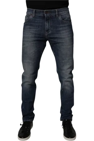 Dolce & Gabbana Jeansy, Mężczyzna, Niebieski, L, Ciemnoniebieskie Skórzane Dżinsy Skinny