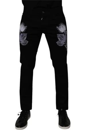 Dolce & Gabbana Jeansy, Mężczyzna, Czarny, M, Czarne Kwiatowe Skinny Jeansyy