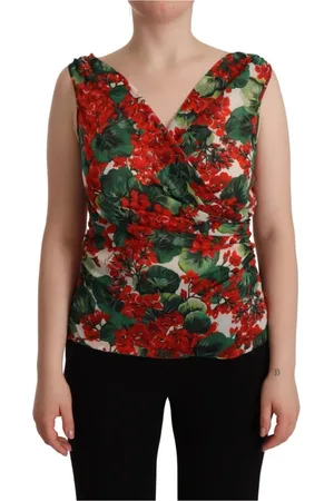 Dolce & Gabbana Koszulki, Kobieta, Wielobarwność, L, Elegancki top z dekoltem w serek i nadrukiem na geranium