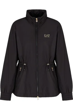 Emporio Armani Kurtki, Kobieta, Czarny, L, Czarny techniczny płaszcz z złotymi detalami