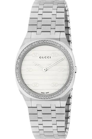 Gucci Akcesoria, Kobieta, Szary, ONE SIZE, 30 mm stalowa obudowa wielowarstwowa, luneta ozdobiona diamentami, biala tarcza z mosiadzu z motywem Interlocking G, pięć ogniw stalowy bransoletka