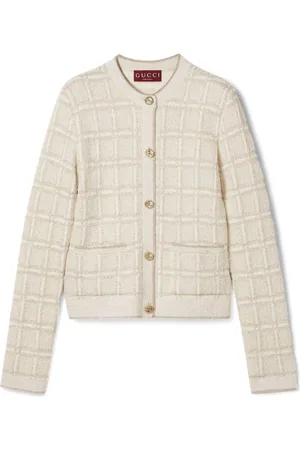 Gucci Swetry, Kobieta, Beżowy, M, Biała Sweter Kurtka w Kratę Jacquard