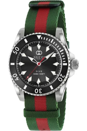 Gucci Akcesoria, Kobieta, Wielobarwność, ONE SIZE, Nylon, Ya 136364 - Dive 40 mm stalowa koperta, czarna tarcza, ceramiczny bezel, nato zielono-czerwono-zielony pasek, ruch automatyczny