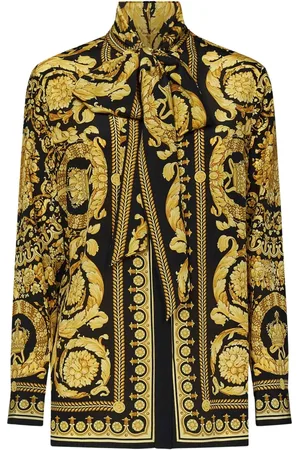 VERSACE Bluzki, Kobieta, Wielobarwność, M, Czarna Jedwabna Koszula z Wzorem Barocco