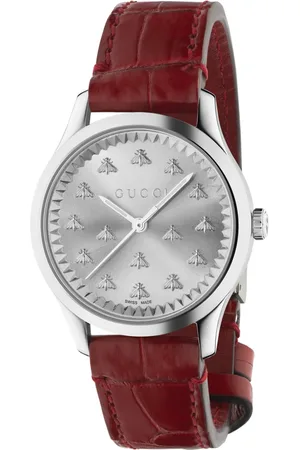 Gucci Akcesoria, Kobieta, brązowy, ONE SIZE, 32 mm stalowa koperta, matowa tarcza z pszczołami, czerwony pasek z aligatora