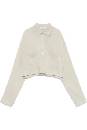 Low Classic Kurtki, Kobieta, Beżowy, M, Lniana Koszula Crop z Kieszenią