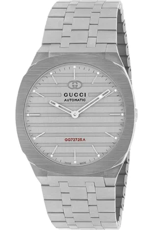 Gucci Akcesoria, Kobieta, Szary, ONE SIZE, Uomo/Donna - Ya 163302 - 40mm 40 mm stalowa obudowa wielowarstwowa, ciężko szczotkowana szara tarcza z czerwonym grawerowaniem kalibru Gg 727.25.A, bransoleta ze stali nierdzewnej z pięcioma ogniwami
