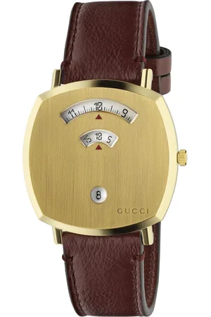 Gucci Akcesoria, Kobieta, Żółty, ONE SIZE, Ya 157411 - Grip Złoto Pvd, 3 okna wskazujące godzinę, minutę i datę, bordowy pasek skórzany