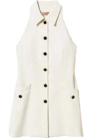 Twin-Set Sukienki, Kobieta, Beżowy, XS, Elegancka Sukienka z Poliestru z Ozdobnymi Guzikami