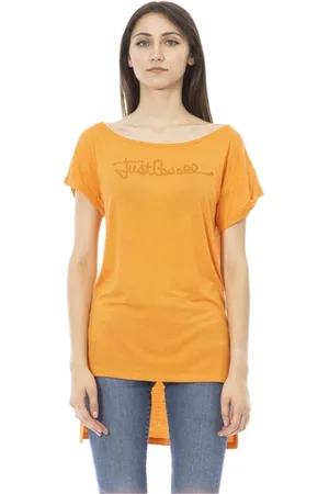Roberto Cavalli Koszulki, Kobieta, Pomarańczowy, M, Pomarańczowy Bawełniany T-shirt Damski z Logo ze Strasznymi