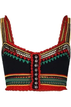 Paco rabanne Koszulki, Kobieta, Wielobarwność, S, Granatowy Haftowany Top Crop z Dekoltem w serek