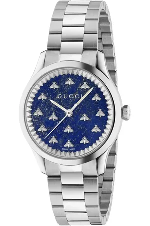 Gucci Akcesoria, Kobieta, Szary, ONE SIZE, 32 mm stalowa koperta, ciemnoniebieska tarcza z lapiz lazuli z pszczołami, stalowa bransoleta