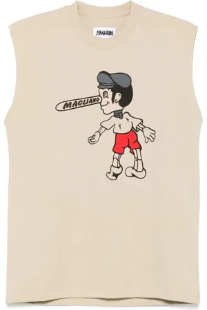 MAGLIANO Koszulki, Mężczyzna, Beżowy, M, Logo Print Cartoon Sleeveless T-shirt