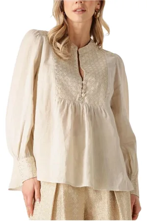 Greek Archaic Kori Bluzki, Kobieta, Beżowy, L, Beżowa lniana bluzka z eleganckim urokiem