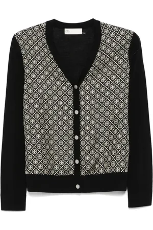 Tory Burch Swetry, Kobieta, Czarny, M, Wełna, Monogram Cardigan Knit Sweater