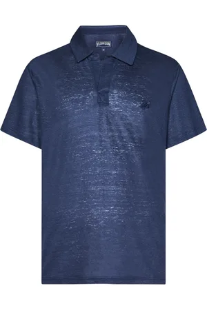 Vilebrequin Koszulki, Mężczyzna, Niebieski, S, Niebieski lniany T-shirt z kołnierzem polo