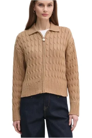 Tommy Hilfiger Swetry, Kobieta, Beżowy, L, Bawełna, Boxy Fit Zamek Błyskawiczny Sweterek