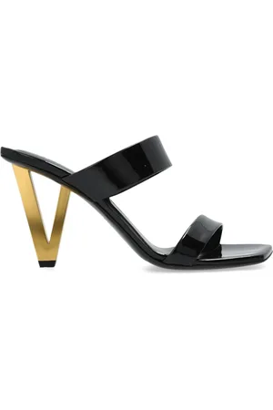 VERSACE Buty, Kobieta, Czarny, 39 EU, Czarne Sandały z Lakierowanej Skóry z Obcasem w kształcie litery V