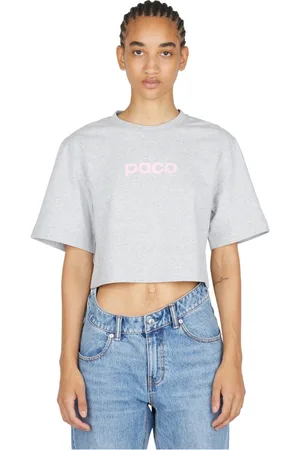 Paco rabanne Koszulki, Kobieta, Szary, M, Logo Print Cropped T-Shirt