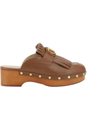 VALENTINO GARAVANI Buty, Kobieta, brązowy, 37 EU, Len, Skórzane Mules z Plakietką VLogo i Drewnianym Obcasem