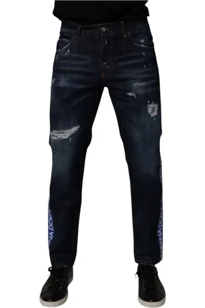 Dolce & Gabbana Jeansy, Mężczyzna, Niebieski, M, Denim, Ciemnoniebieskie Tattered Skinny Denim Jeansy