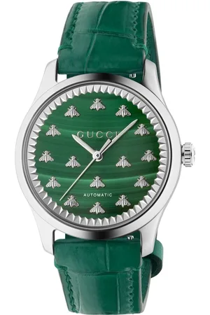 Gucci Akcesoria, Kobieta, Szary, ONE SIZE, 38 mm stalowa koperta, zielona tarcza z malachitu z pszczołami, zielony pasek z aligatora