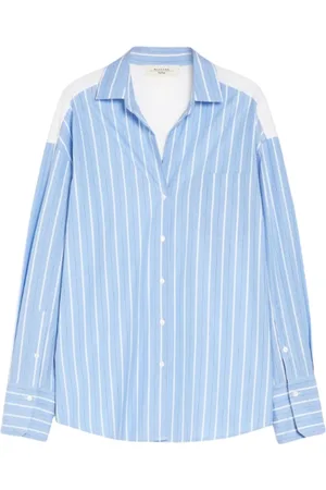 Max Mara Bluzki, Kobieta, Niebieski, XS, Lekki Bawełniany Shirt z Kwiatową Haftem